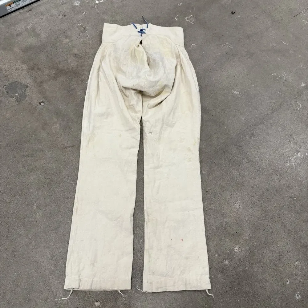 Vintage 1930s French Linen Sailor Fall Front Ivory Pants 29x31.5 Back Lace Up